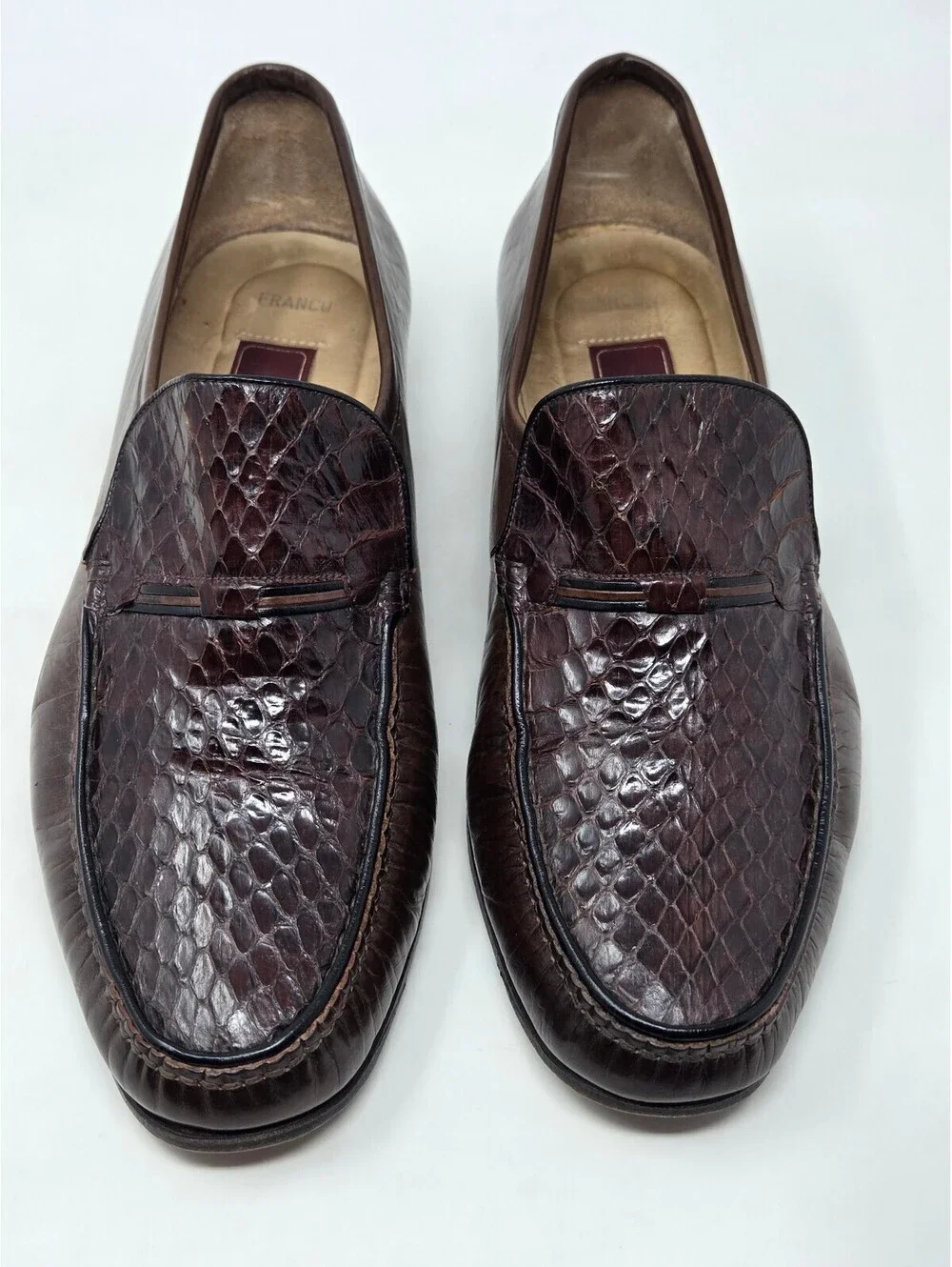 Bally Franco 2 Brown Leather Loafers Snake Skin Mens 7 Wide